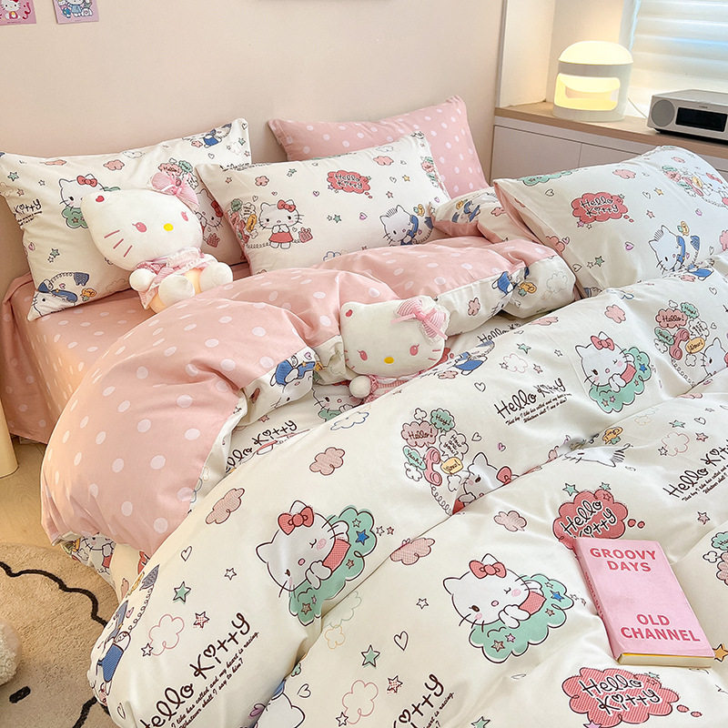 hellokitty全棉四件套可爱卡通纯棉床单床笠款宿舍三件套