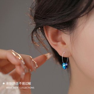 999纯银蓝色爱心水晶耳环女设计高级感耳圈2024年新款潮耳坠耳饰