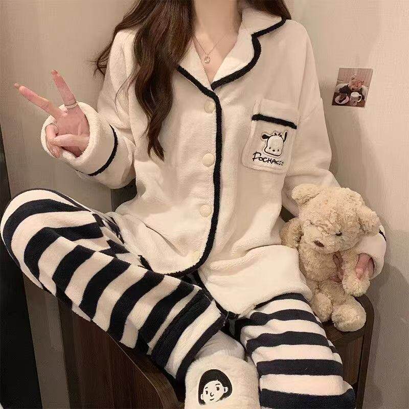 2025秋冬睡衣女加绒加厚韩版甜美法兰绒睡衣开衫家居服套装可外穿