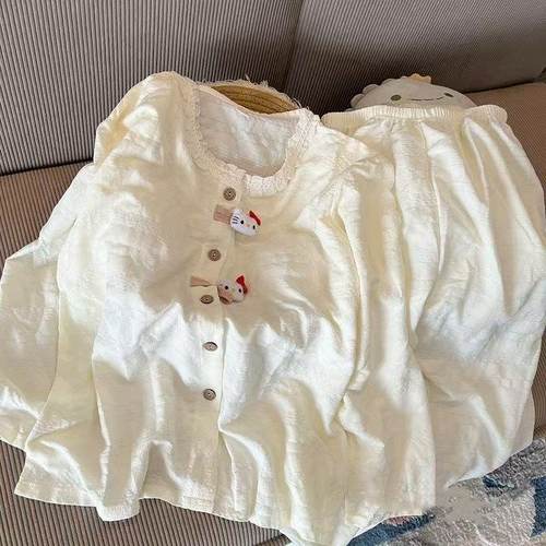 2025春秋新款女睡衣带胸垫粉色杏色花边KT猫双长套装甜美家居服