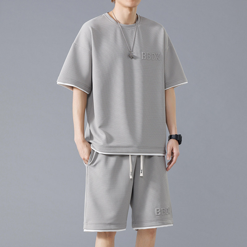 夏季M-8XL大码胖男生假两件宽松休闲运动短袖套装TZ01-P50控69,男装休闲套装,星座209
