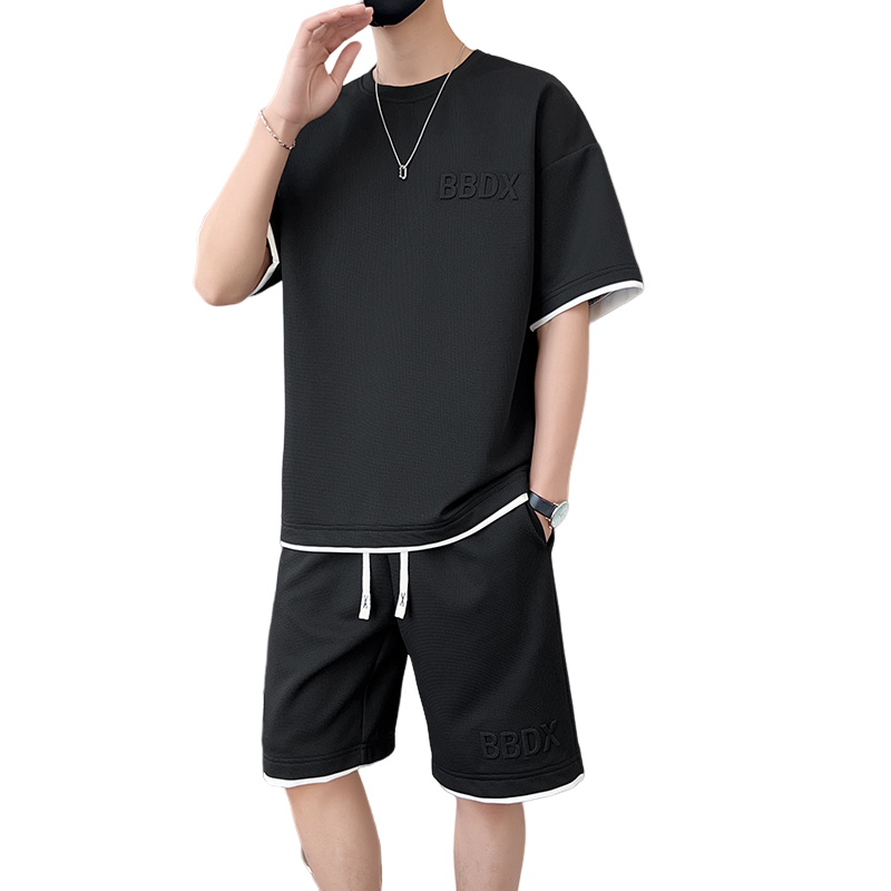 夏季M-8XL大码胖男生假两件宽松休闲运动短袖套装TZ01-P50控69,男装休闲套装,星座209