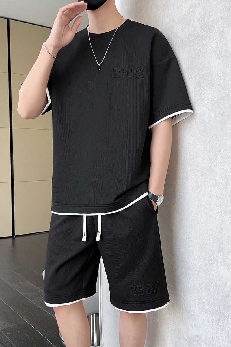 夏季M-8XL大码胖男生假两件宽松休闲运动短袖套装TZ01-P50控69,男装休闲套装,星座209
