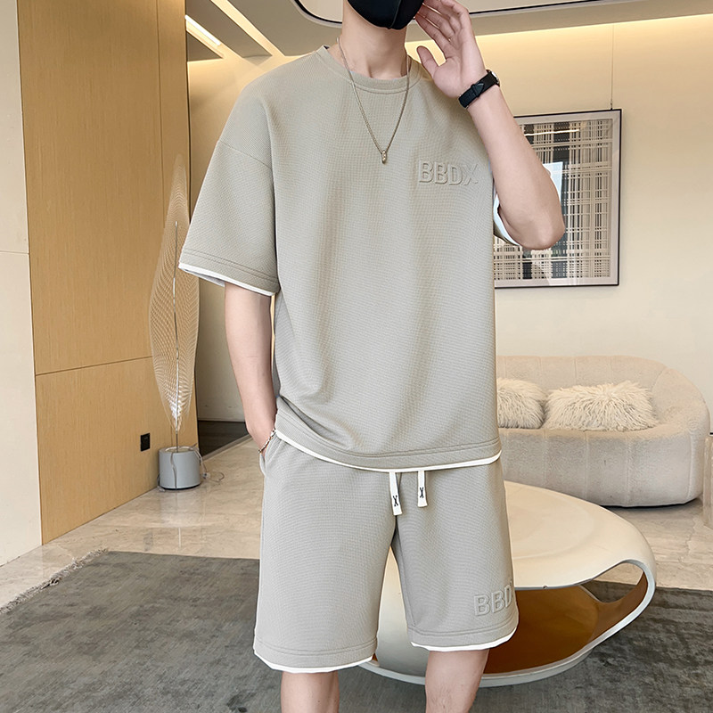 夏季M-8XL大码胖男生假两件宽松休闲运动短袖套装TZ01-P50控69,男装休闲套装,星座209