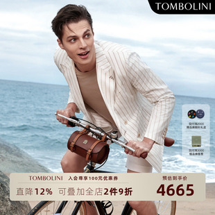 米咖色条纹休闲西服外套双排扣 男 TOMBOLINI东博利尼春季 棉麻西装