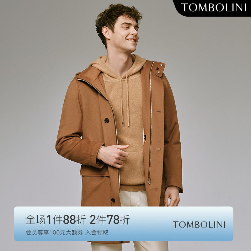 TOMBOLINI/东博利尼男士秋冬新款中长款羊毛呢大衣夹棉保暖外套潮