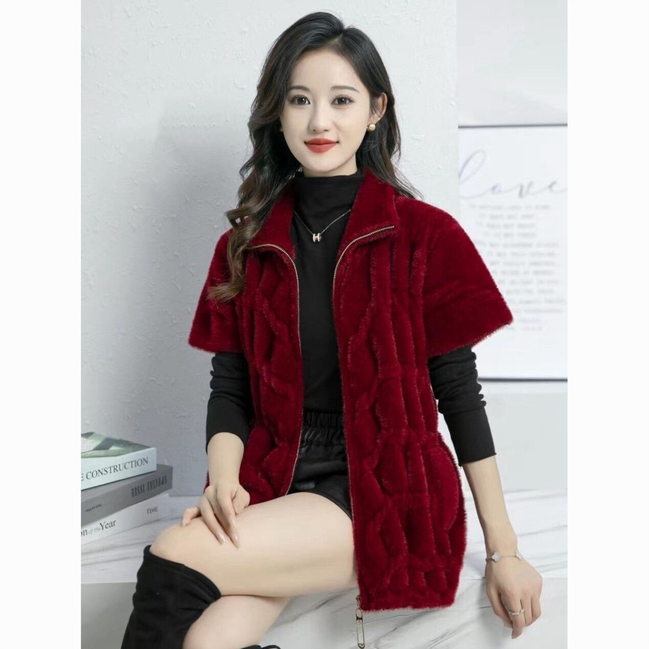 秋冬季妈妈装仿水貂绒半袖马甲女中老年女装加厚坎肩外套背心上衣