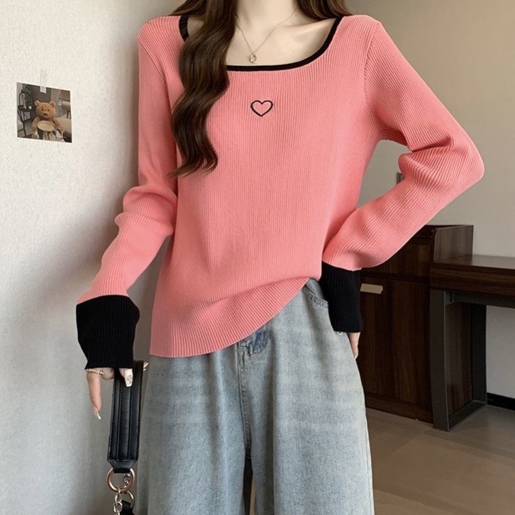 90-300斤大码女拼接感爱心刺绣设计休闲长袖上衣韩版多巴胺insT恤