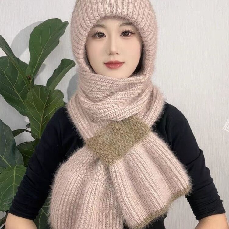 秋冬新款珍珠波浪款加绒加厚女士冬季针织防寒风雪帽帽子围巾一体