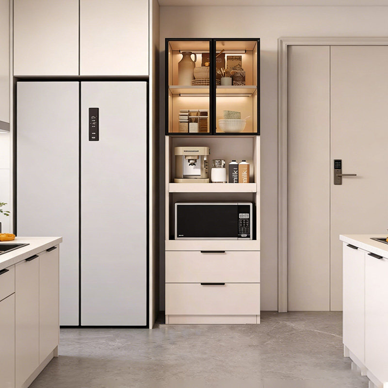 定制冰箱边柜厨房微波炉烤箱置物架实木抽拉餐边柜靠墙一体储物柜