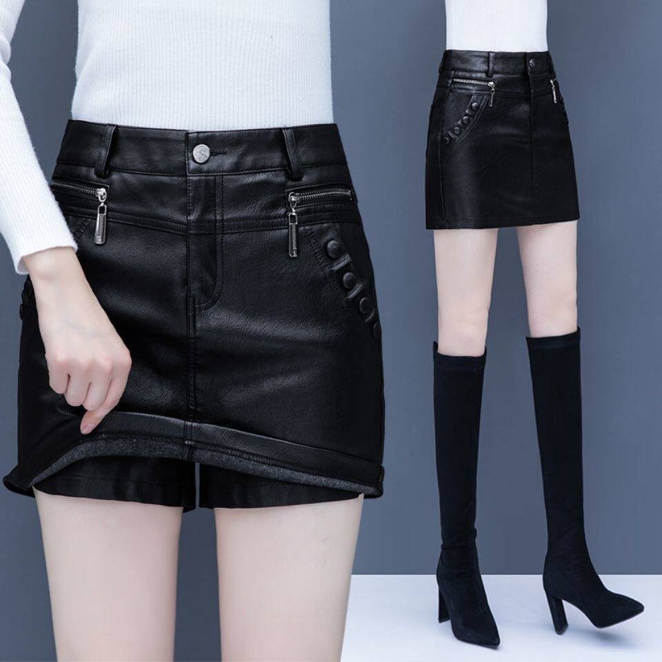 2021秋冬新款高腰休闲皮裤裙韩版修身大码PU皮裙裤女假两套皮短裤