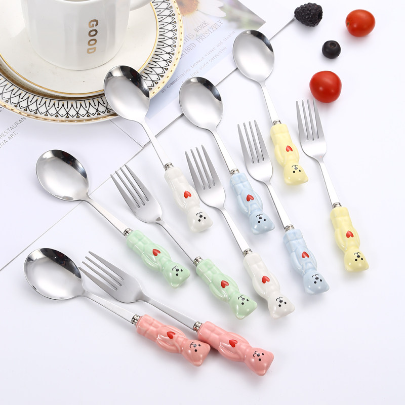 韩国风ins风陶瓷小熊勺子叉子 可爱卡通餐具创意儿童不锈钢宝宝勺
