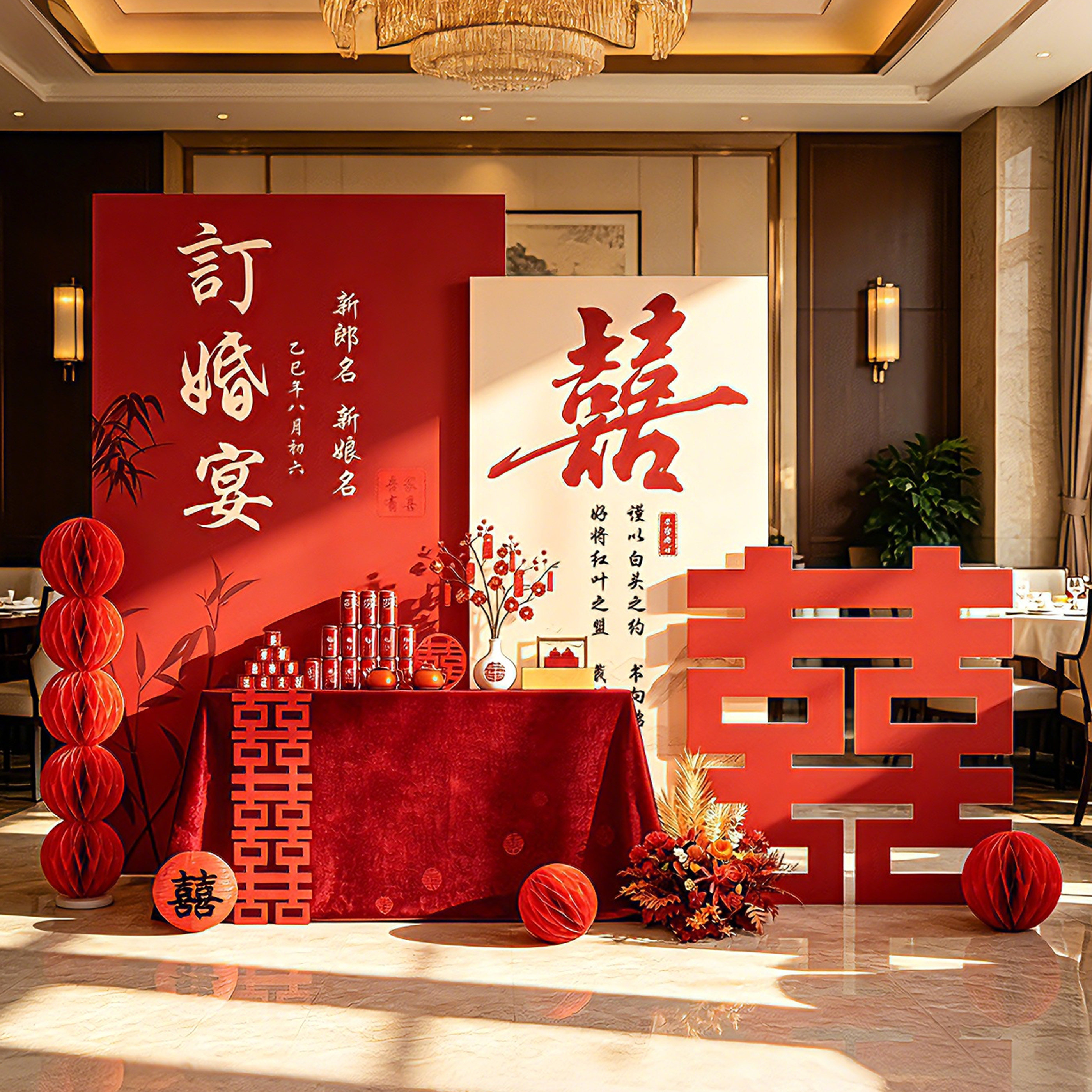 新中式订婚宴KT板背景墙定制图片