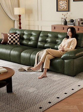 中古风墨绿色真皮沙发头层牛皮客厅意式复古油蜡皮小户型直排沙发