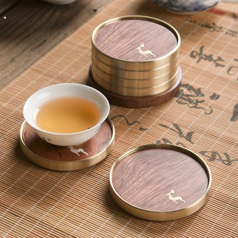 纯黄铜实木质杯垫套装圆形实木茶杯垫创意功夫茶具餐垫杯托制作