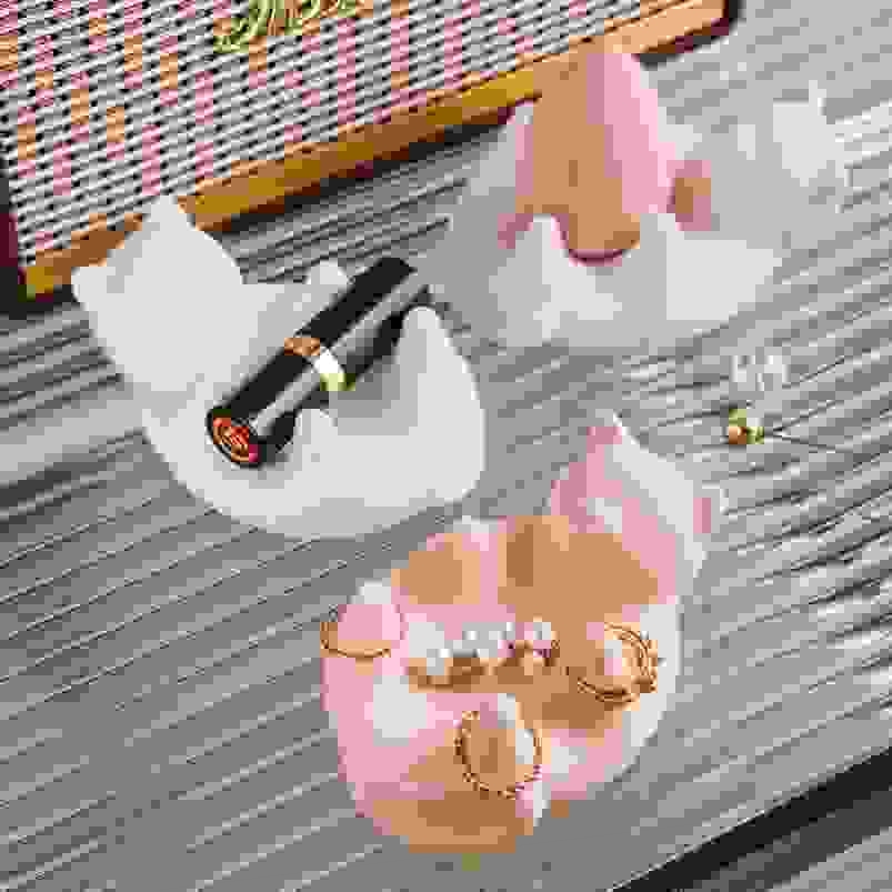 彩妆蛋唇膏戒指收纳小猫桌面摆件可爱礼物少女粉陶瓷首饰盒