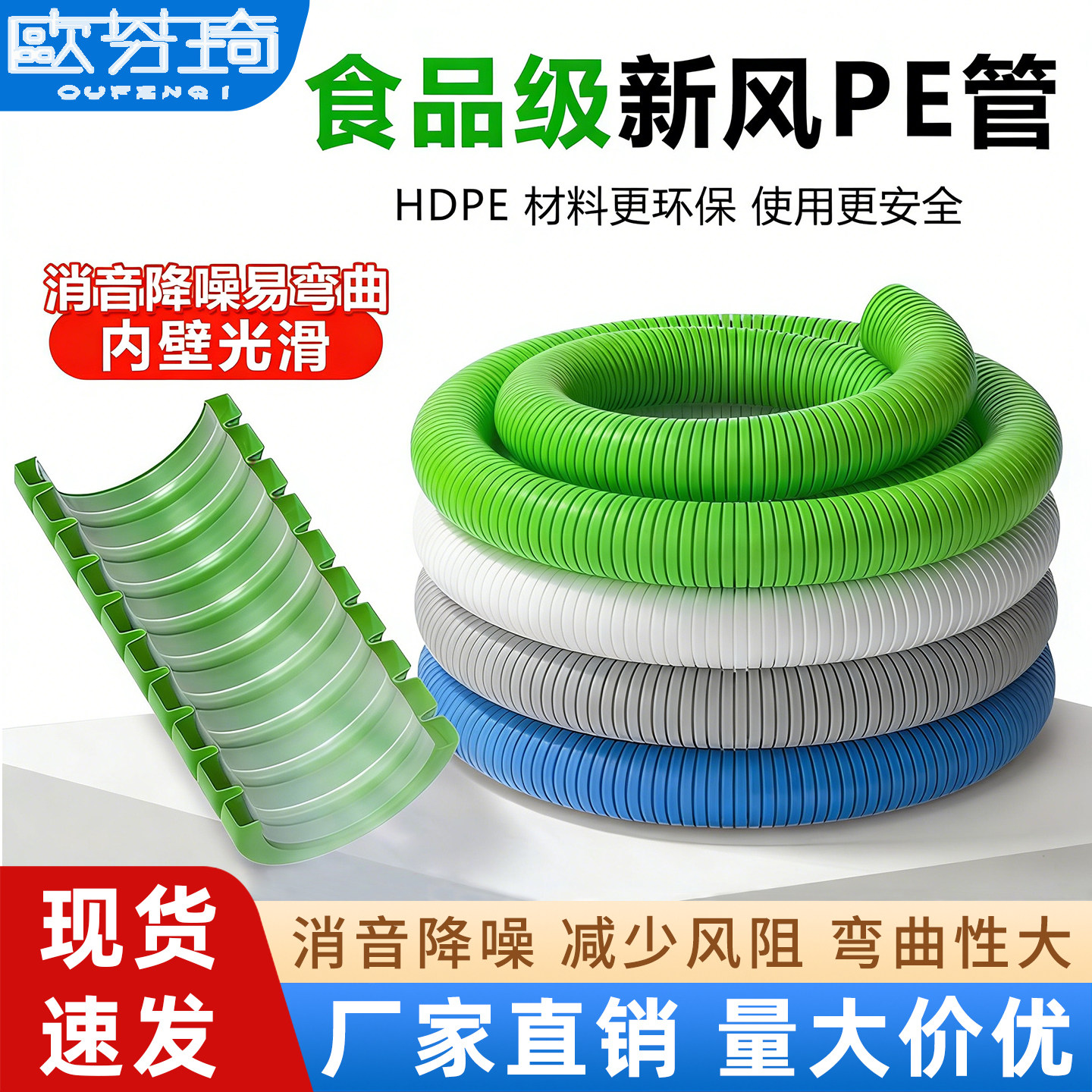 新风系统PE管食品级双层抗菌75/110/160波纹软管隔音通风管道配件