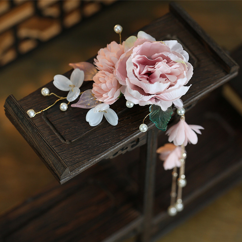 绢花头饰唐风诃子裙花朵汉服女仙气古风发夹流苏边夹唐制唐朝发饰