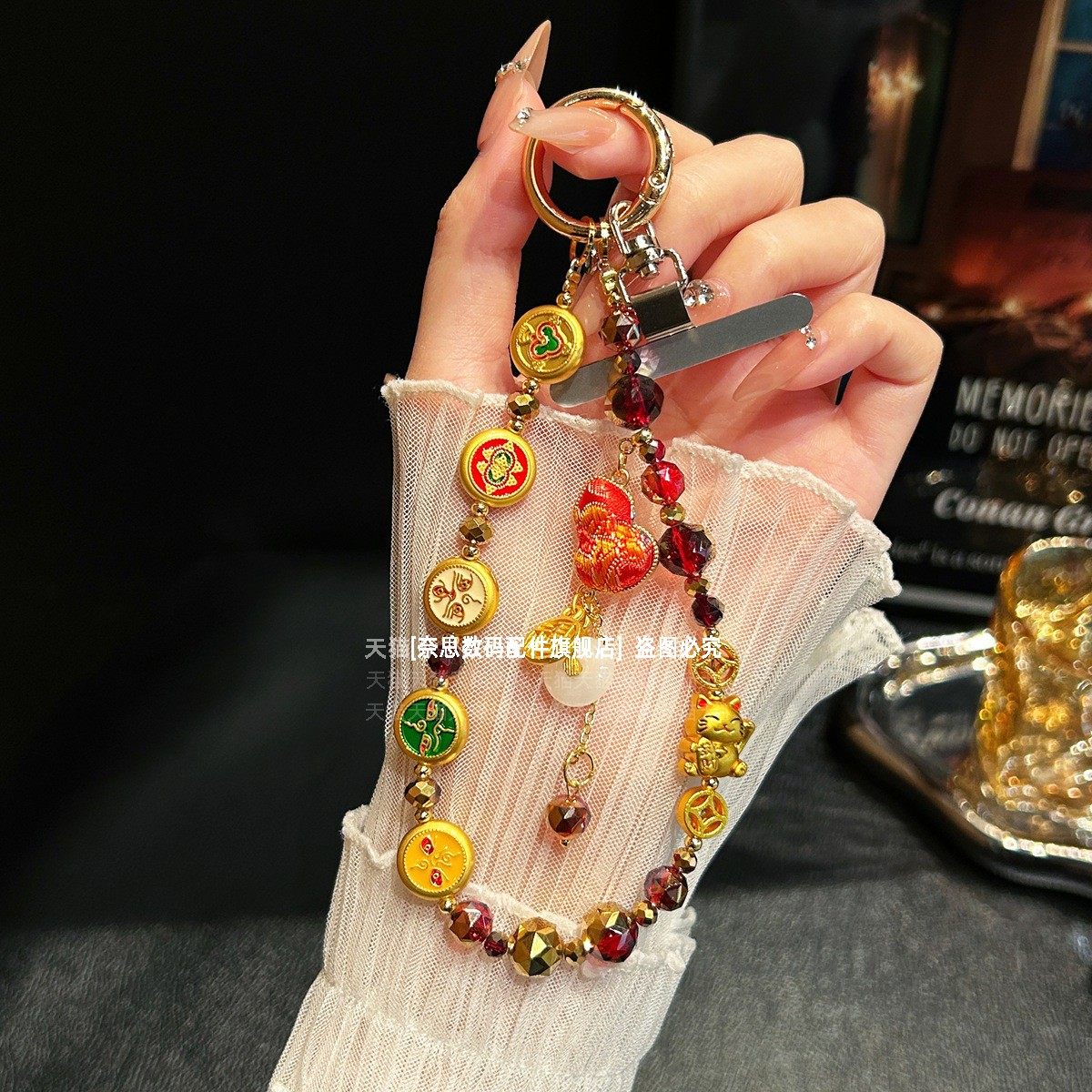 好运平安扣葫芦手机链五路财神精致国潮挂链高端金属招财猫红色水晶链