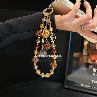 超美豹纹手机链秋冬美拉德毛球吊坠重工水晶手链精致高级感串珠手腕链条名媛气质时尚挂链腕带包包钥匙挂饰壳