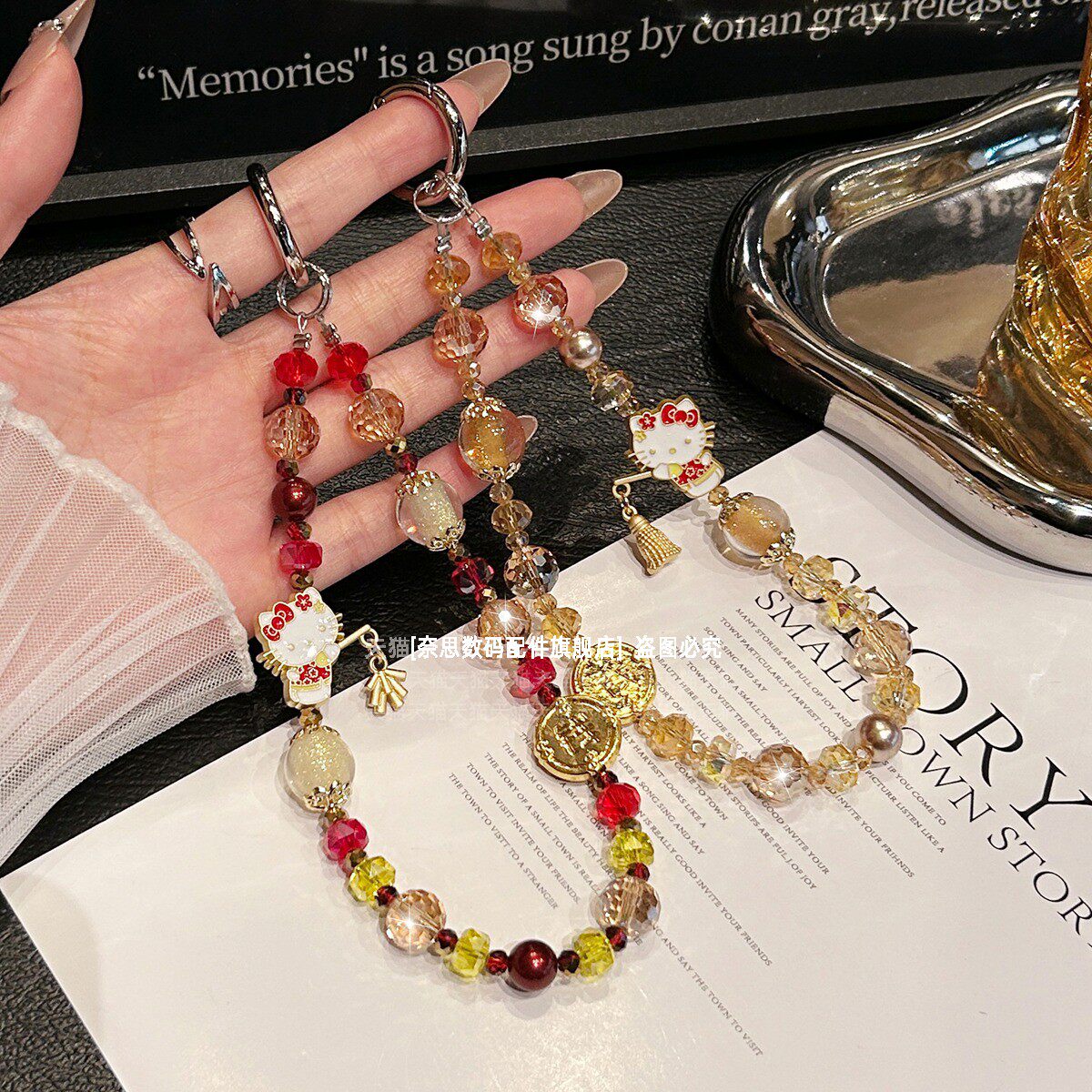 巨可爱放鞭炮猫咪手机链挂饰绝美水晶串珠链条新年手腕挂绳招财聚财女
