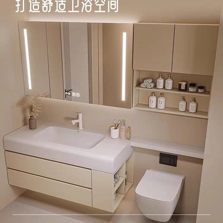 定制肤感一体浴室柜岩板无缝卫生间马桶延长洗漱台洗手脸盆组合图片