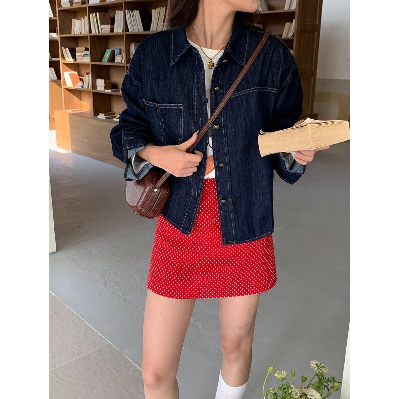 赴裳 2026新款  早春新款 复古明线设计感牛仔衬衫小个子女士女装