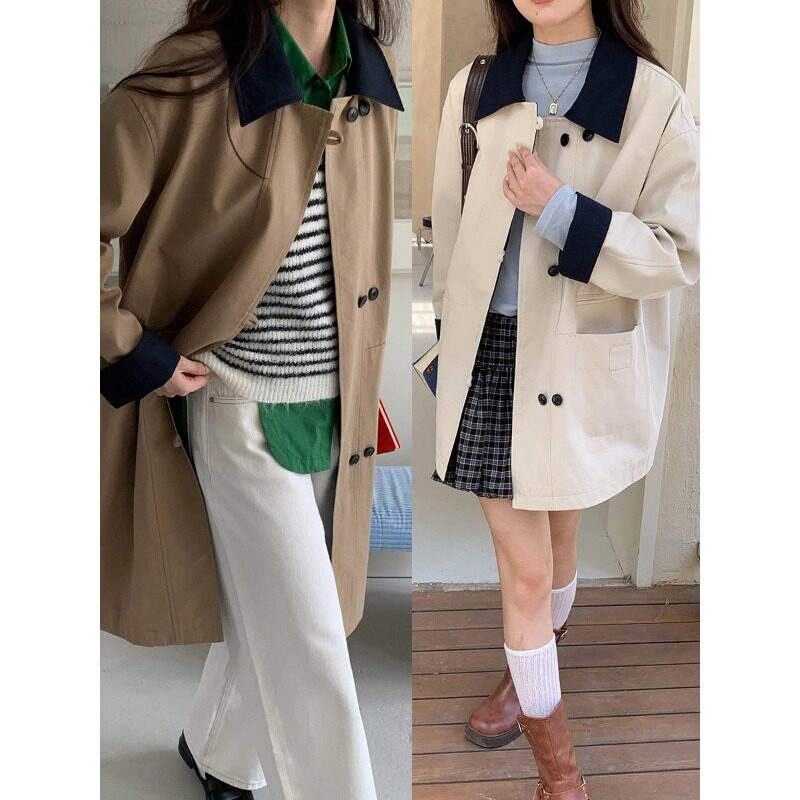 赴裳 2026新款  长/短可选 英伦风撞色翻领宽松风衣外套女士女装