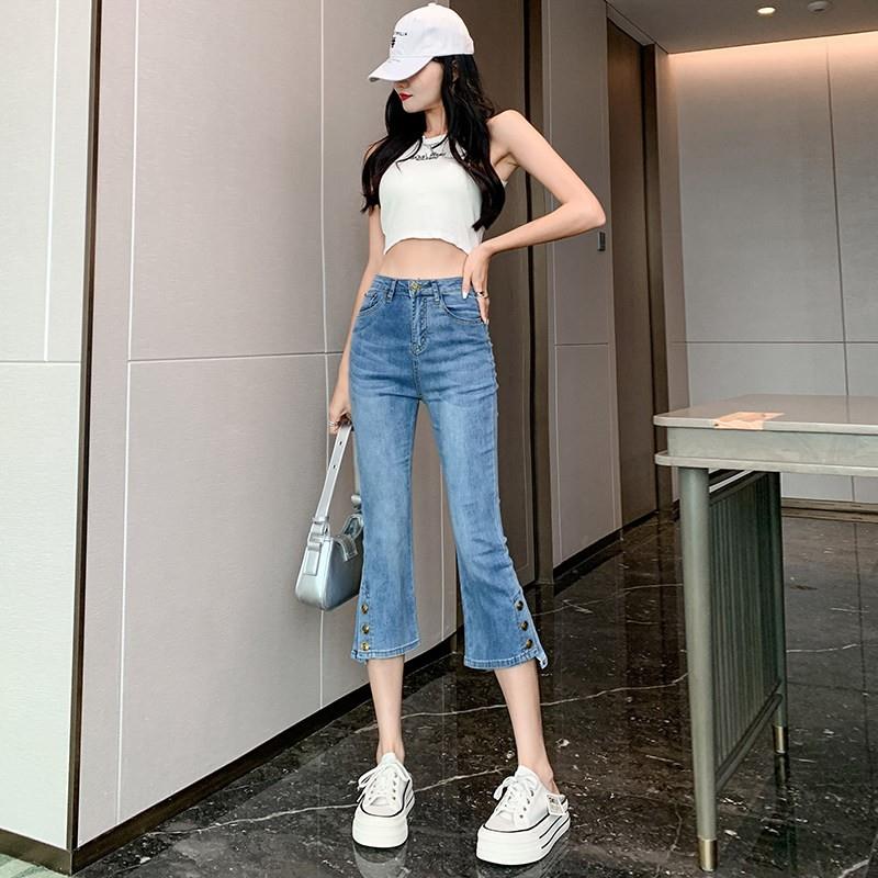 牛仔蓝七分微喇裤女春夏季薄款2026新款高腰显瘦小个子八分喇叭裤