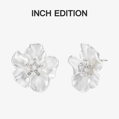 INCH EDITION双面滚丝百搭花朵耳环亮银色清冷感精致气质通勤