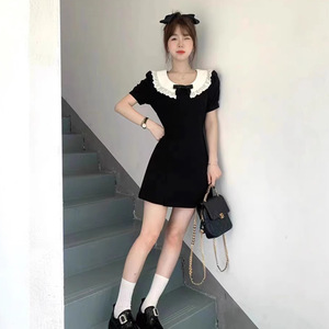 早春漂亮连衣裙蝴蝶结半身裙女夏季修身显瘦甜美少女a字小黑裙子