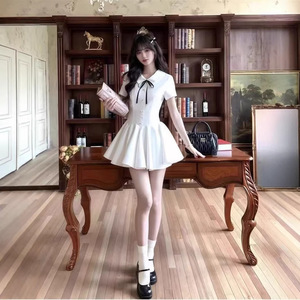 白色连衣裙子女夏季新款小个子蓬蓬裙修身显瘦短裙学院风少女裙