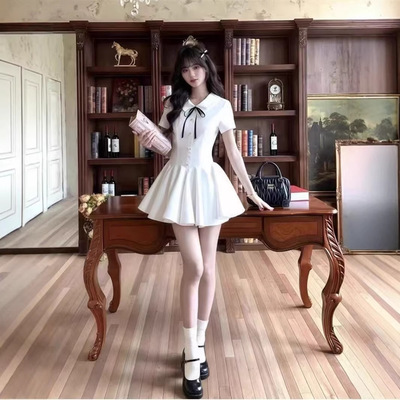 白色连衣裙子女夏季新款小个子蓬蓬裙修身显瘦短裙学院风少女裙
