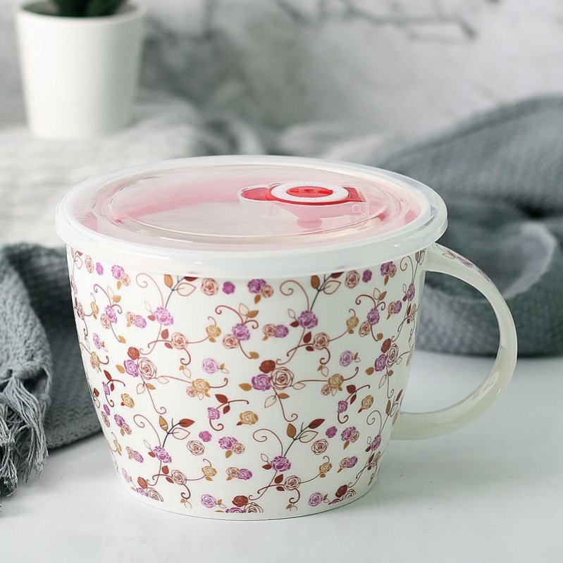 陶瓷可微波炉汤碗泡面碗饭盒便当盒带把碗大号泡面杯加厚加高带盖