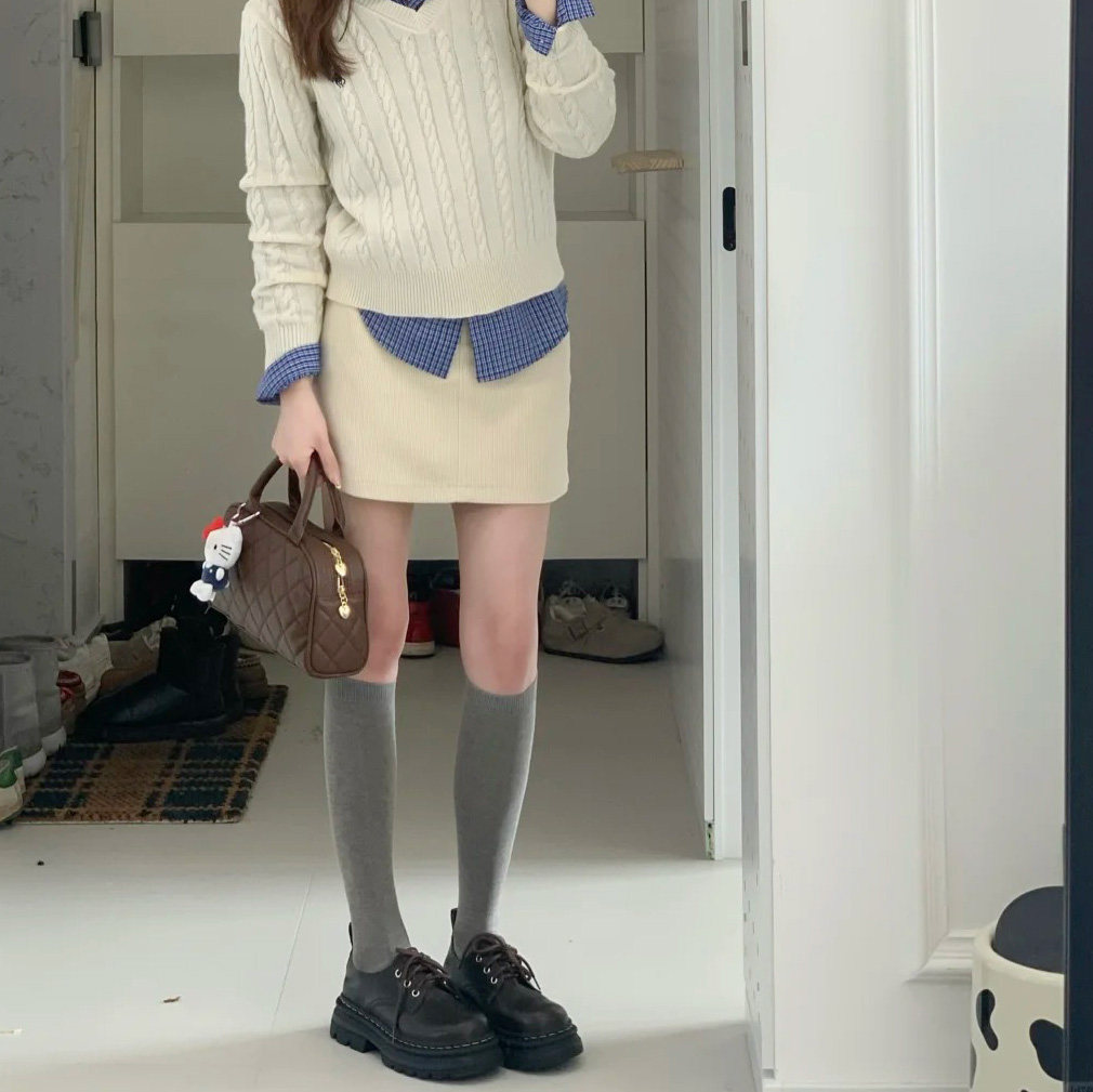 春秋韩版纯色小腿袜显瘦棉袜中筒袜学院风堆堆袜子女及膝袜长筒袜