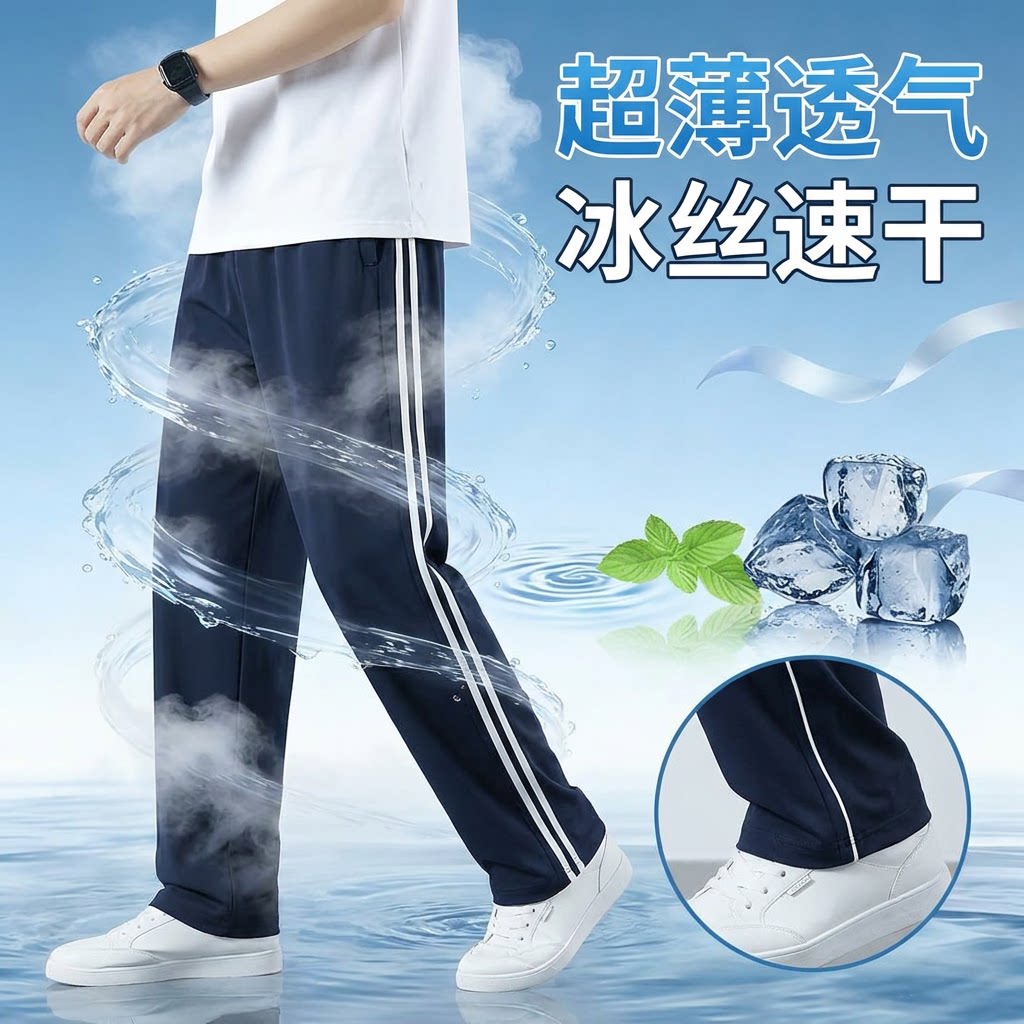 冰丝夏季薄款藏青色二条杠校服裤图片