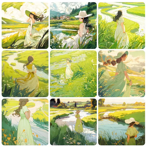 手绘插画海报田野田园提示词AI绘画prompt咒语niji指令
