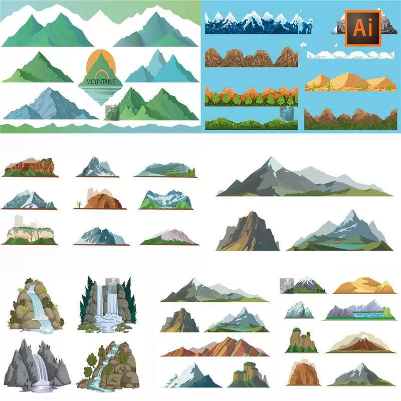 AI矢量手绘鼠绘矢量山脉山峰山石火山瀑布自然景观插画设计素材