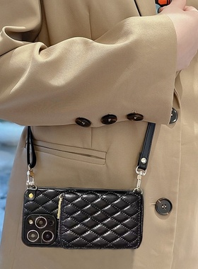 小香风黑色零钱卡包适用苹果15promax手机壳14全包皮质iPhone13新款Xs网红女气质12可背带斜挎防摔ip11保护套