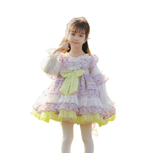 枝芽2025春新款童装女童碎花洛丽塔Lolita公主裙儿童灯笼袖连衣裙