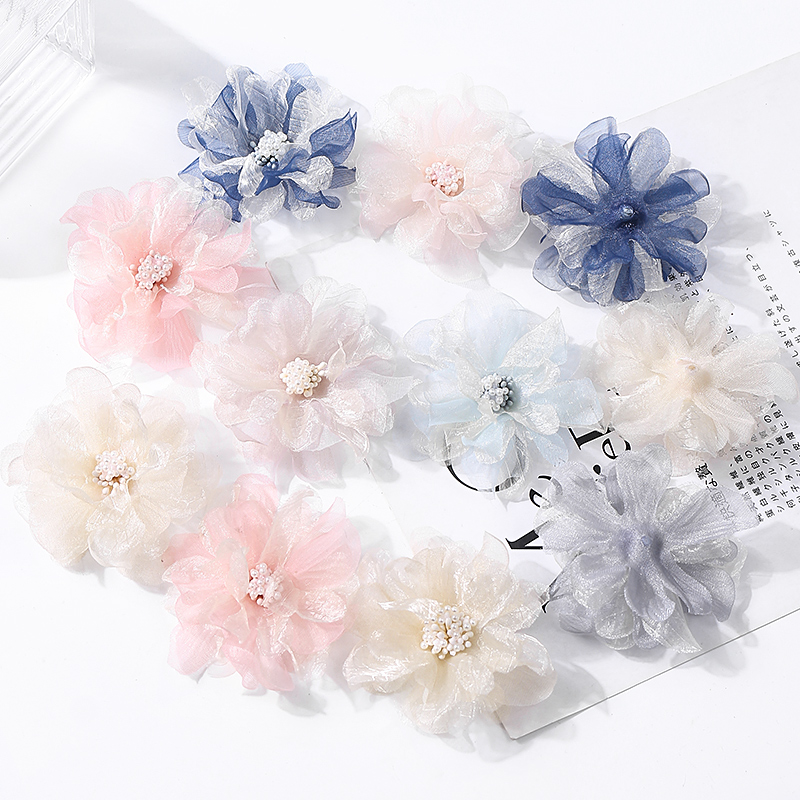 8cm 欧根纱立体布艺芙蓉纱花 假花 diy手工素材服饰裙子装饰辅料