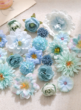 蓝色系仿真花朵组合套餐假花绢花花头手工diy材料包汉服头饰配件