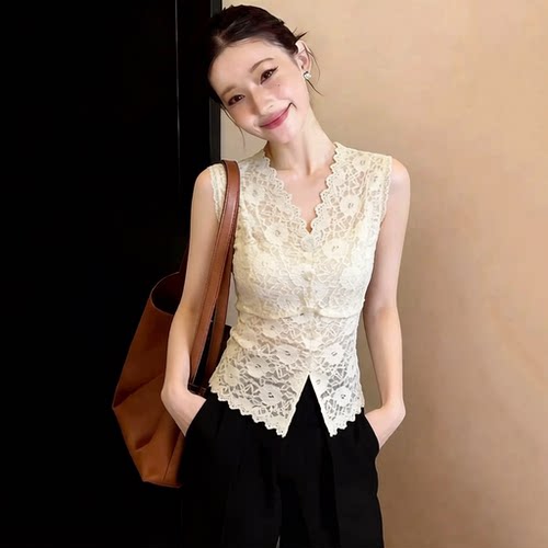 性感V领蕾丝打底衫背心无袖上衣