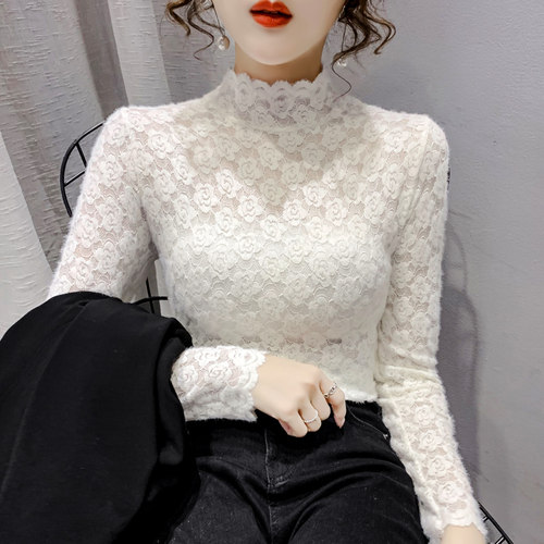 戚如半高领花边内搭磨毛蕾丝衫