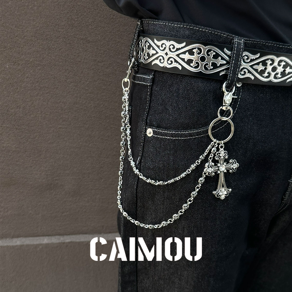 CAIMOU钻十字架双层裤链男个性腰链裤子配饰挂件潮流时尚饰品推荐
