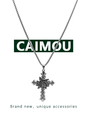 CAIMOU玫瑰十字架项链不掉色新款男女小众设计感吊坠酷蹦迪锁骨链