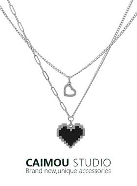 CAIMOU 黑色爱心双层项链女钛钢ins风潮嘻哈轻奢小众设计感锁骨链