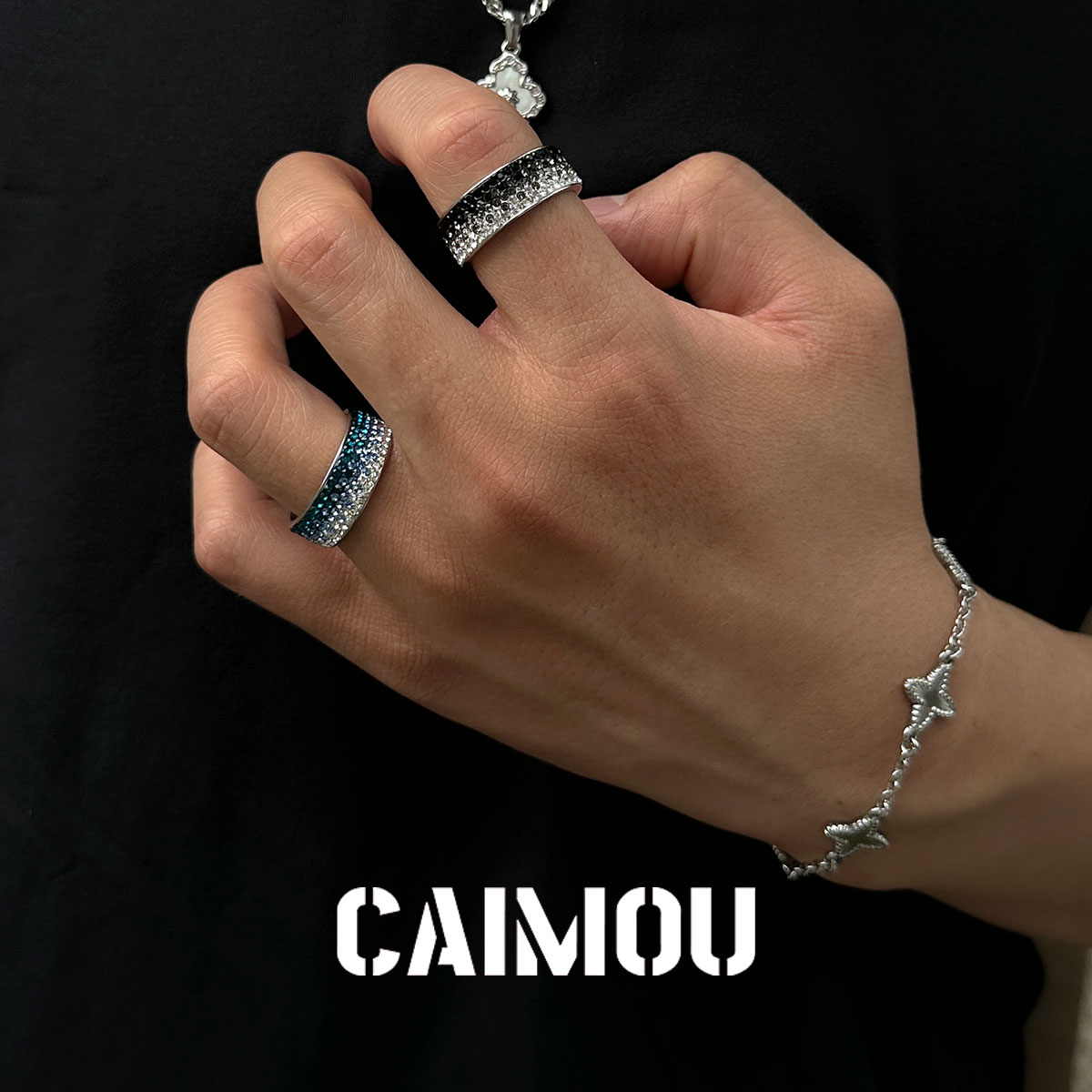 CAIMOU渐变钻宽面戒指男轻奢小众高级感饰品高级痞帅潮流时尚配饰