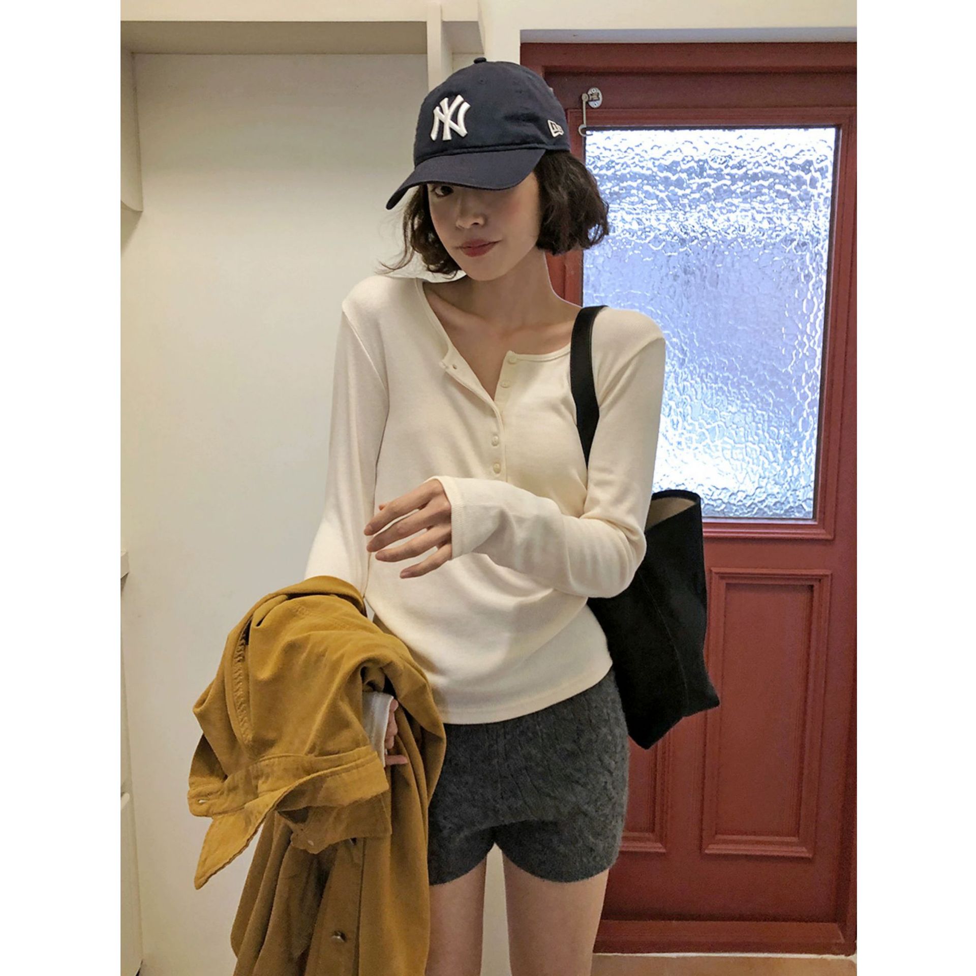 VERIDIAN DEW-自制韩国简约亨利领休闲百搭款纯色长袖显瘦圆领T恤