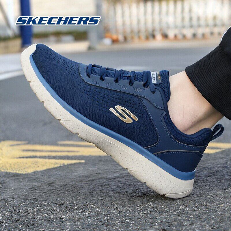 斯凯奇男鞋春季新款减震跑步鞋男士蓝色网面透气运动鞋老人休闲鞋